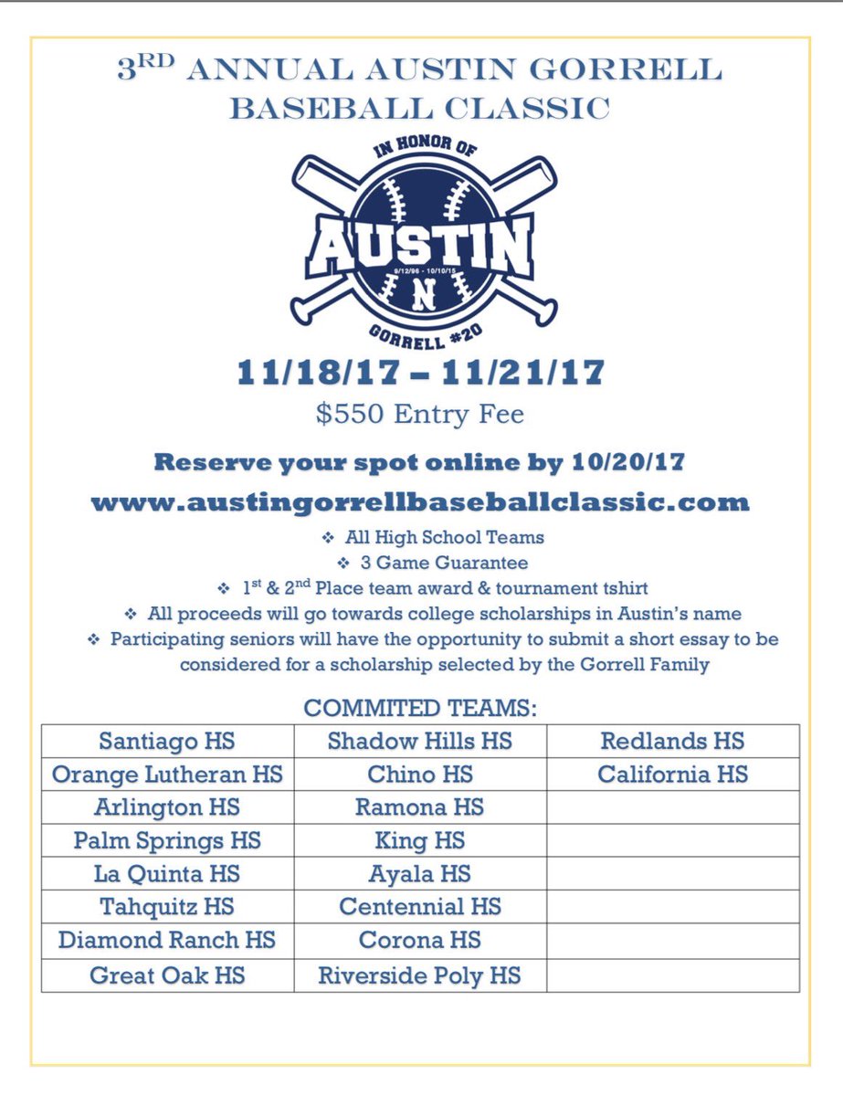 GorrellClassic's tweet photo. Looking for LA County teams Who's interested? @WarrenBaseball @DowneyBaseball @sfhs_chiefs @LaSernaBaseball @LMBaseball2017  @latsondheimer https://t.co/E0co7tMO5q