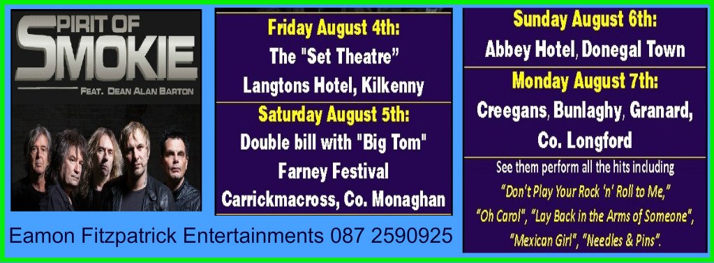 #BankHolidayWeekend #SpiritOfSmokie live #Kilkenny #Carrickmacross #Donegal #Granard @Festgigguide <a href="/Festitweetup/">Festivals_Irl</a> <a href="/inspiremeirl/">InspireMe Ireland</a> <a href="/GigGuideIE/">GigGuide.ie</a>