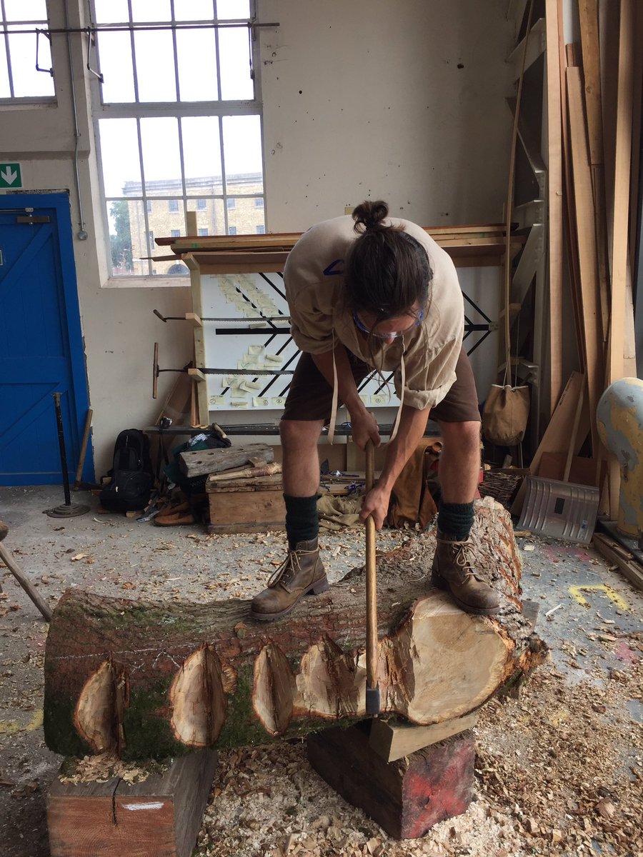 Here is Kris starting to hew a knee-shaped timber during our #tudorshipwright display. It will look different in 2 days time. Can't wait!