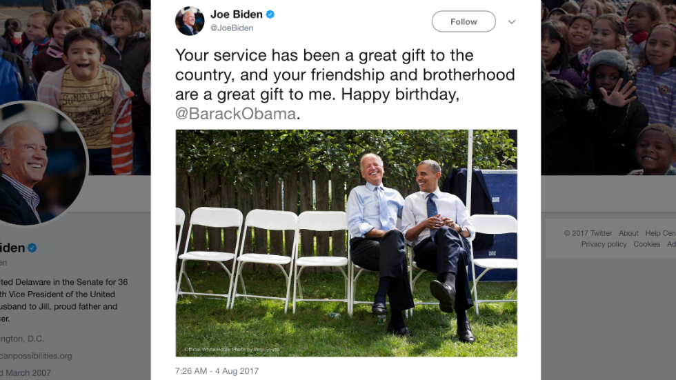 thehill's tweet photo. Biden celebrates Obama's birthday: "Your friendship and brotherhood are a great gift to me" https://t.co/QuuQcf4nt8 https://t.co/MrXeHnbB3R