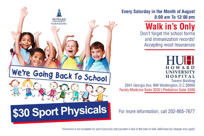 HowardU's tweet photo. Need a physical? Stop by #HowardHospital every Saturday in August for $30 sports physicals. Be sure to bring immunization records & forms https://t.co/Ci2wVcRd7X