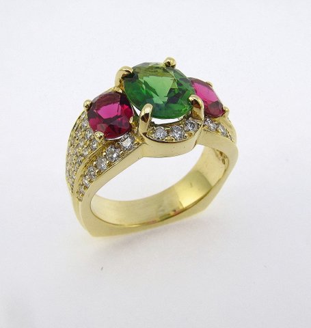 YankeDesigns's tweet image. Ladies Custom 18kt Yellow Gold Ring with Green and PinkTourmaline.  The ring also contains seventy-six small round Diamonds.