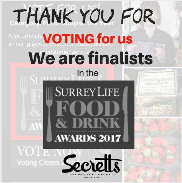 SecrettsMilford's tweet photo. Thank you to everyone who voted for us in the @SLFDA2017  @SurreyLife - we have made it to the final! #surreylifefoodanddrinkawards https://t.co/1kPeQNqYeY