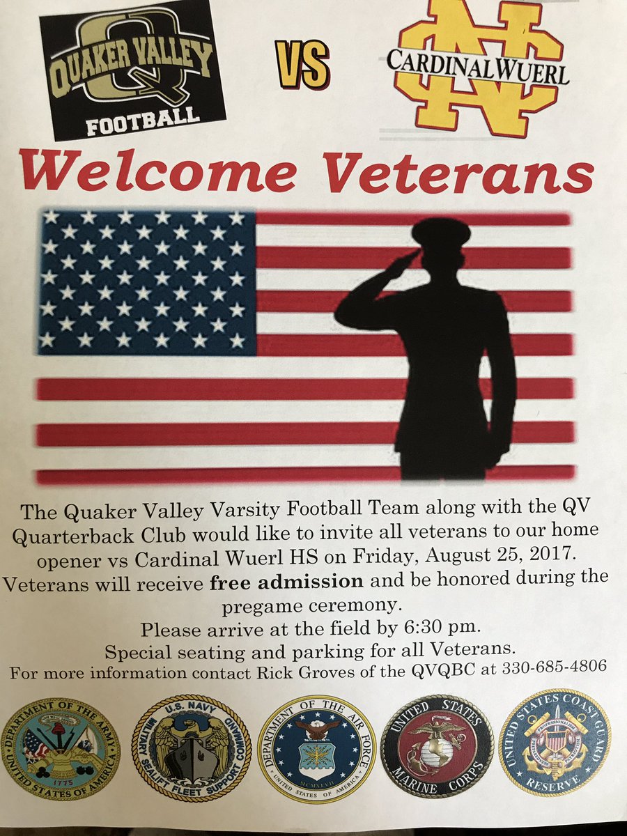 Qvfootball's tweet photo. Welcoming all veterans for free admissions to our week zero and an honorary pregame ceremony August 25th!!! Spread the word🗣 #RollQuakes https://t.co/ryuAOa1OOA