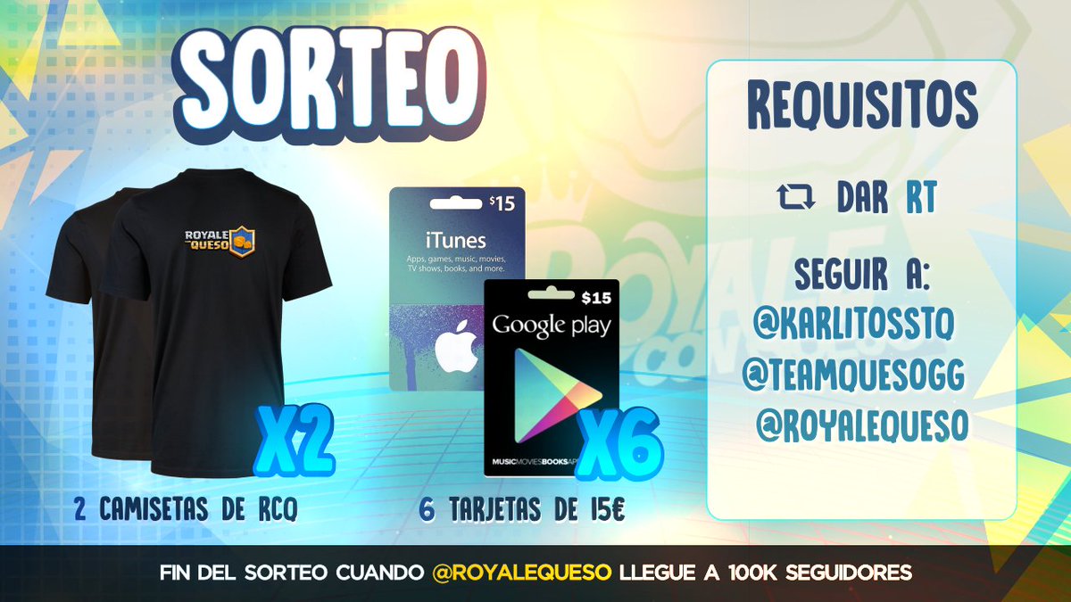 Celebramos nuestros 90k seguidores sorteando 90€  + 2 Camisetas de RcQ!!🧀🧀
Requisitos: RT y seguir a <a href="/TeamQuesoGG/">Team Queso</a> @karlitosstq <a href="/RoyaleQueso/">cc</a>