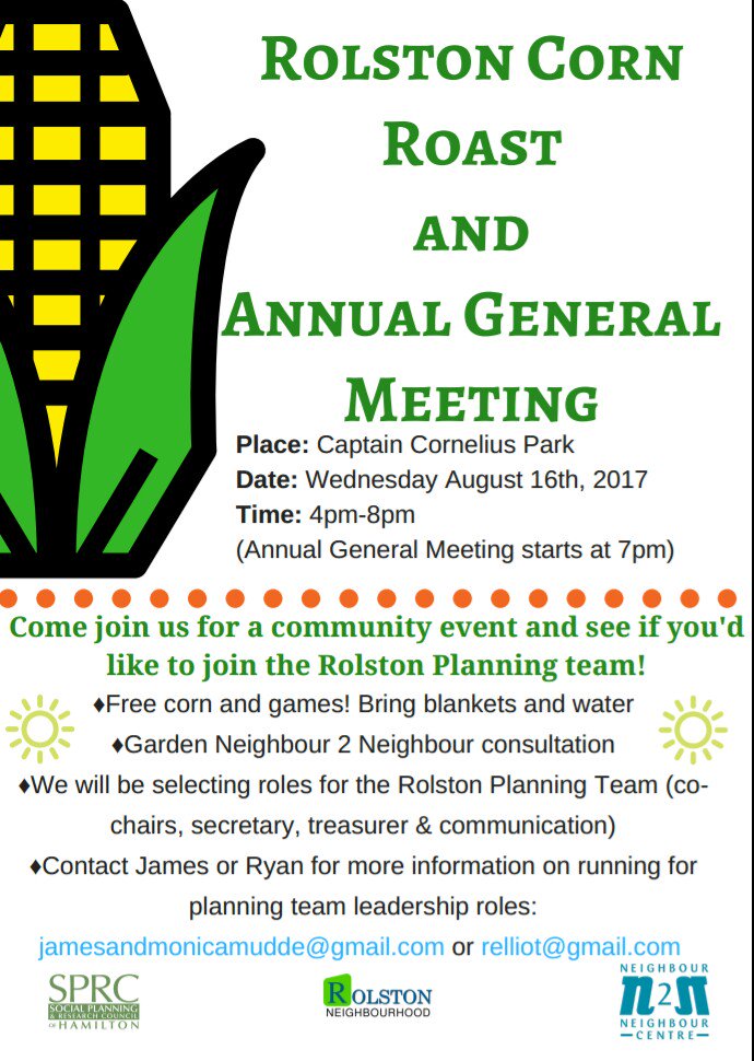 Captain CORNelius CORN Roast and Planning Team AGM is next week! Join us on Wednesday August 16, <a href="/4pm/">4pm</a> in the park. Hot corn at 5pm, AGM <a href="/7pm/">Huong Le</a>