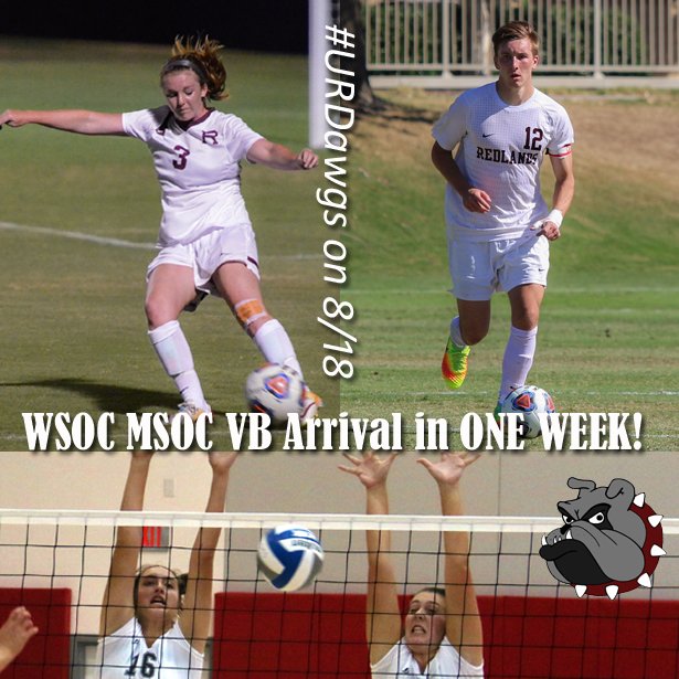 GoRedlands's tweet photo. Fired up for more #URDawgs to be back on campus! WSOC, MSOC, and VB arrive in just ONE WEEK! #OurHouse https://t.co/Lz6bmTlZ82