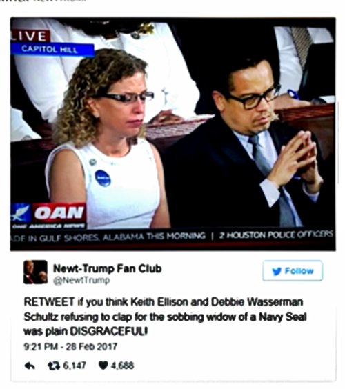 Ima_JAP's tweet photo. @ScottPresler Ellison & Debbie Wasserman Schultz refused to stand OR even clap---honoring the Widow of a Fallen American Hero, and Soldier.
#2POS https://t.co/NLODwszPSO