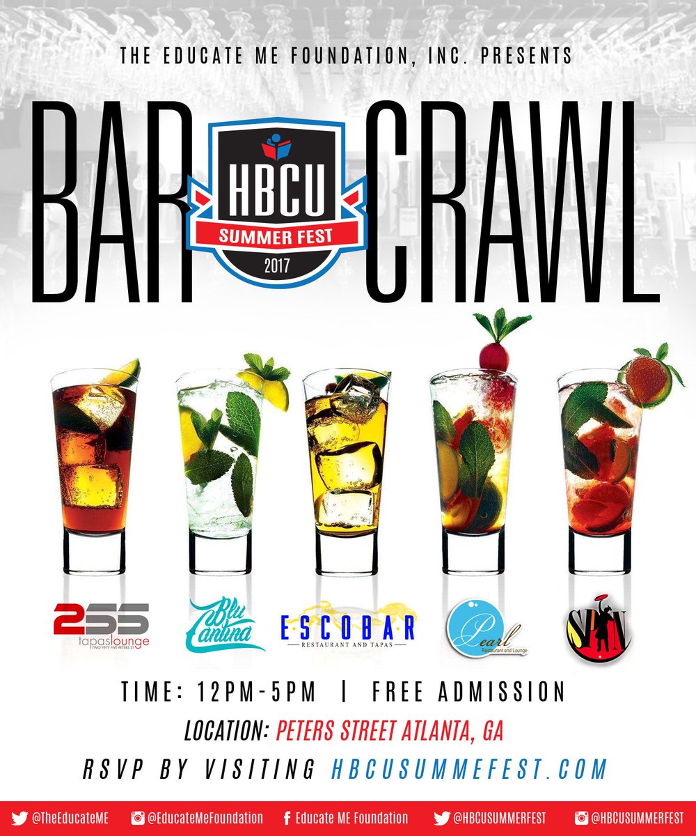 Meet us at the #HBCUSummerFest Bar Crawl from 12-5pm HBCU taking over Peter street#Pearl #255 #Spin #Escobar #BluCatina 
🚨FREE ADMISSION