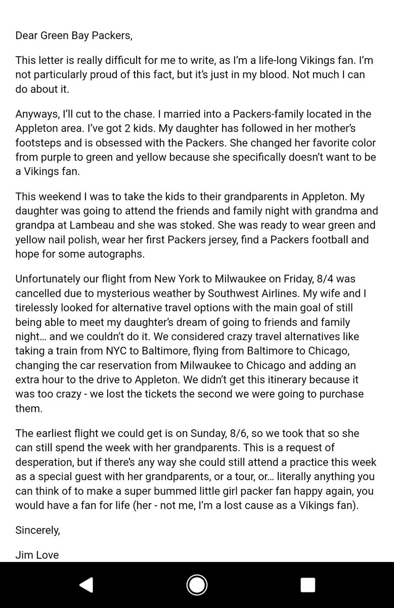 jim_love's tweet photo. @packers #sobstory from a @Vikings fan/dad of a Packers kid. Couldn't find a comm outreach email to share story with! #PackersCamp #nfl https://t.co/HAIAgQbAqa