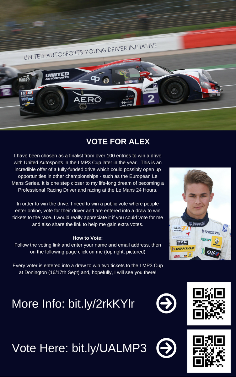 AlexSedgwick_'s tweet photo. Please RT and share everywhere! 7 days to go to earn the biggest opportunity of my racing career so far. Vote Here: https://t.co/0mZzsylHka https://t.co/hENomqBUsf