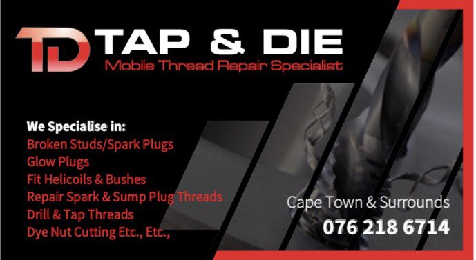 tapndie_sa's tweet photo. Ready for you, anytime, anywhere !! #brokenboltremoval #studremoval #mobilethreadrepair #threadrepairs #CapeTown #tapanddie #tapndie https://t.co/FvwfwKIrkr