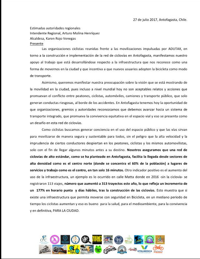 MinvuAntofa's tweet photo. Carta de apoyo de agrupaciones locales de ciclistas, en apoyo de #ciclovías #Antofagasta https://t.co/RATjJ1UMXE