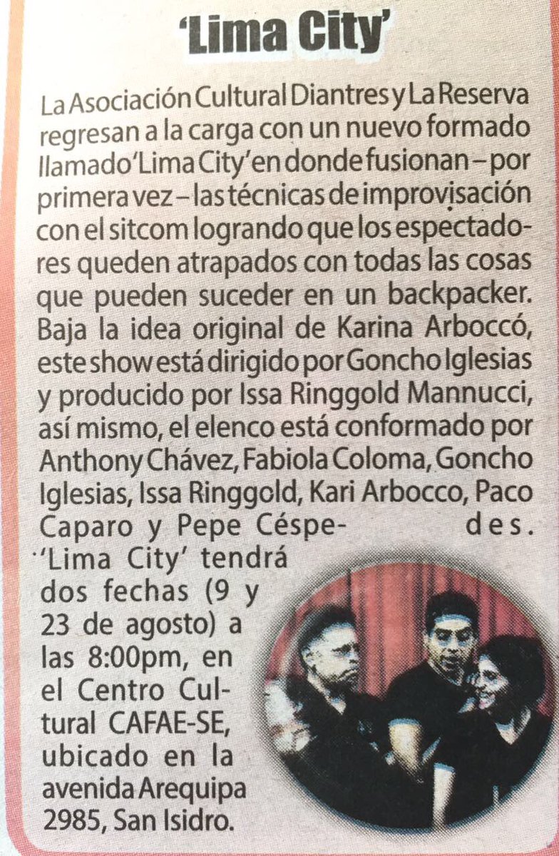 ACDiantres's tweet photo. Este 9 de agosto a las 8:30 pm los esperamos en #LimaCity en el @CCCAFAESE pueden adquirir sus entradas en @atrapaloperu  Los esperamos!!! https://t.co/sUK5UXx1FT