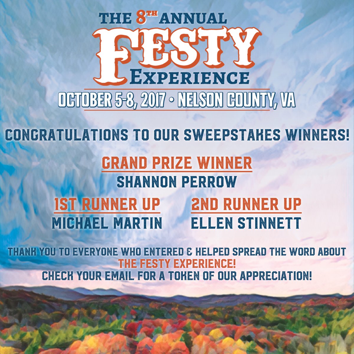 TheFesty's tweet photo. Announcing the winners of #TheFesty sweepstakes!
#TheFestyExperience #Festy8 #NelsonCounty #InfinityDowns #musicfestival #bluegrass https://t.co/zGkGw55mFF