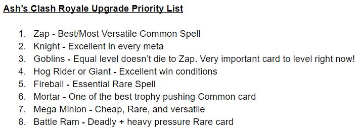 My Clash Royale Upgrade Priority List. These are the cards I recommend  getting to max first. @ClashRoyale