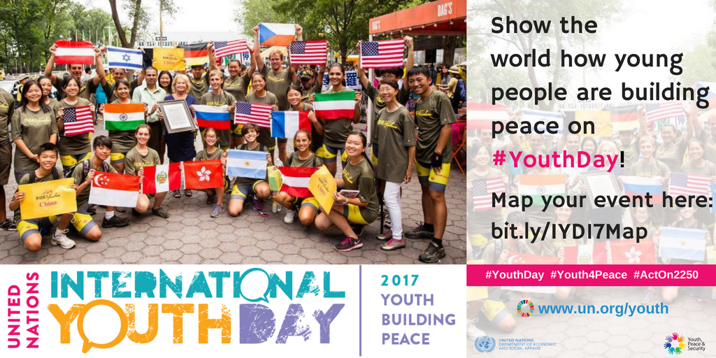 GlobalGoalsUN's tweet photo. Aug. 12 is #YouthDay! Organize &amp; promote your own event via our World Map: https://t.co/L7jyRCbhMJ #Youth4Peace #ActOn2250 #GlobalGoals https://t.co/8b5Kutl9f2