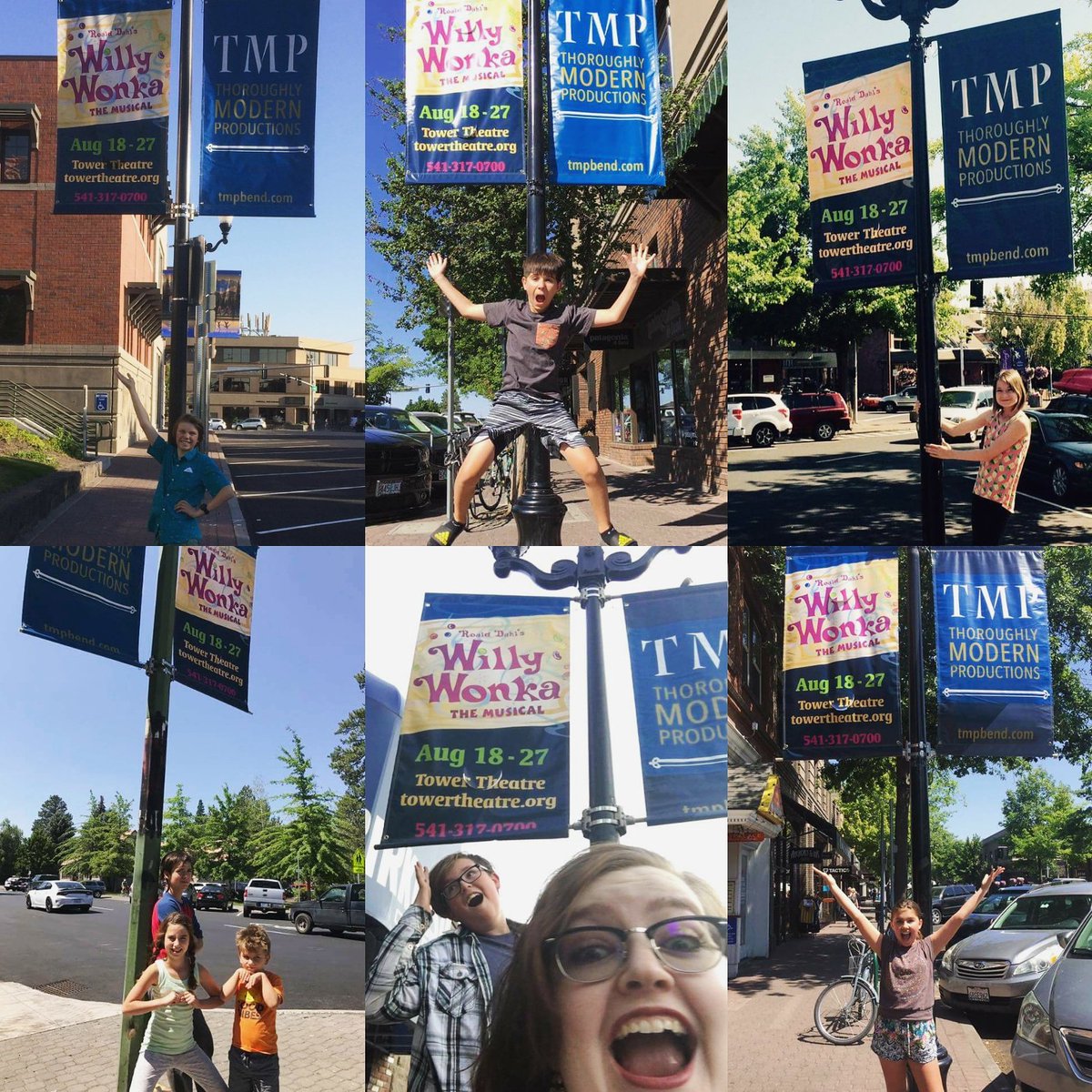 tmpbendor's tweet image. Selfie with Willy Wonka banners @DowntownBend, post to FB/IG/Twitter, and tag us for chance to win 2 tix to show @towertheatrebnd, 8/18-27.