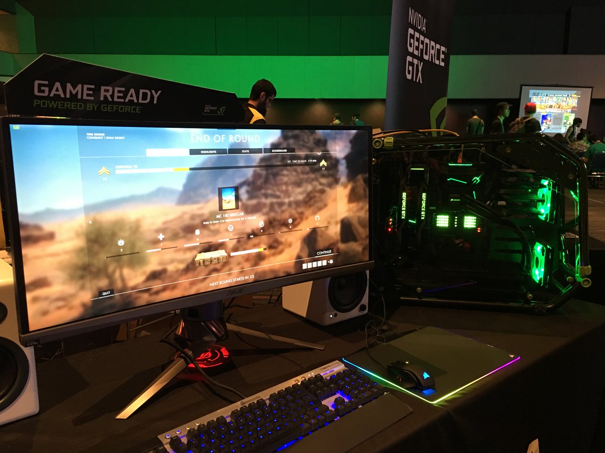 NVIDIAGeForce's tweet photo. Are you at @otakuthon? Grab some friends and play on 40 GeForce GTX-powered @CORSAIR systems at the Free To Play Zone. https://t.co/vZi6bd89WR