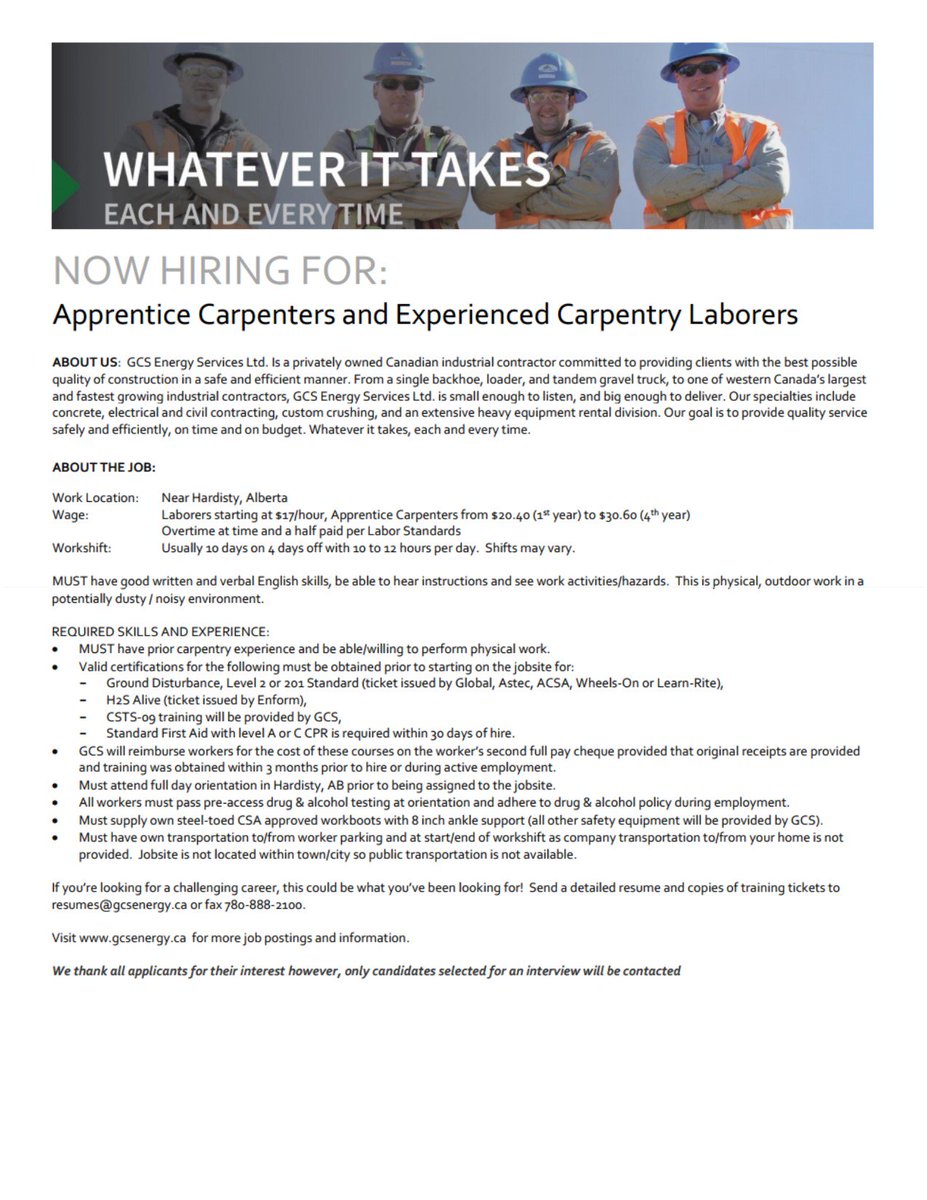 GCS_Energy's tweet photo. WE'RE HIRING! Apprentice Carpenters and Experienced Carpentry Laborers! Please email resumes to: resumes@gcsenergy.ca https://t.co/VlUzOZf5hO