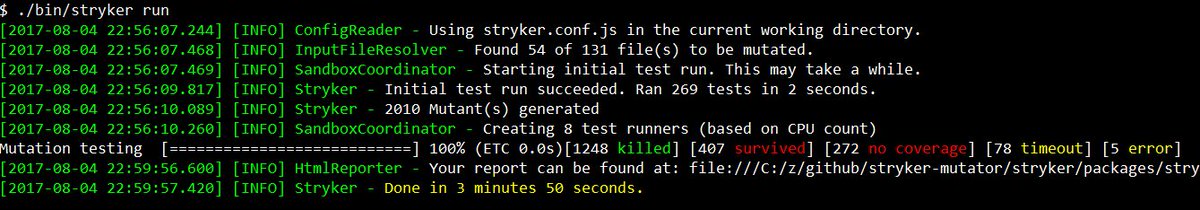 _nicojs's tweet image. Running the #javascript #mutationtesting framework Stryker on its own. Testing 2010 mutants in 3m50s. Side note: a single test run takes 2s.