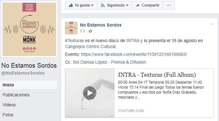 << EN LOS MEDIOS >>
-
El viernes 18 INTRA lleva "Texturas" al Centro Cultural Cangrejos, vía No Estamos Sordos.
-
➡️ facebook.com/NoEstamosSordo…