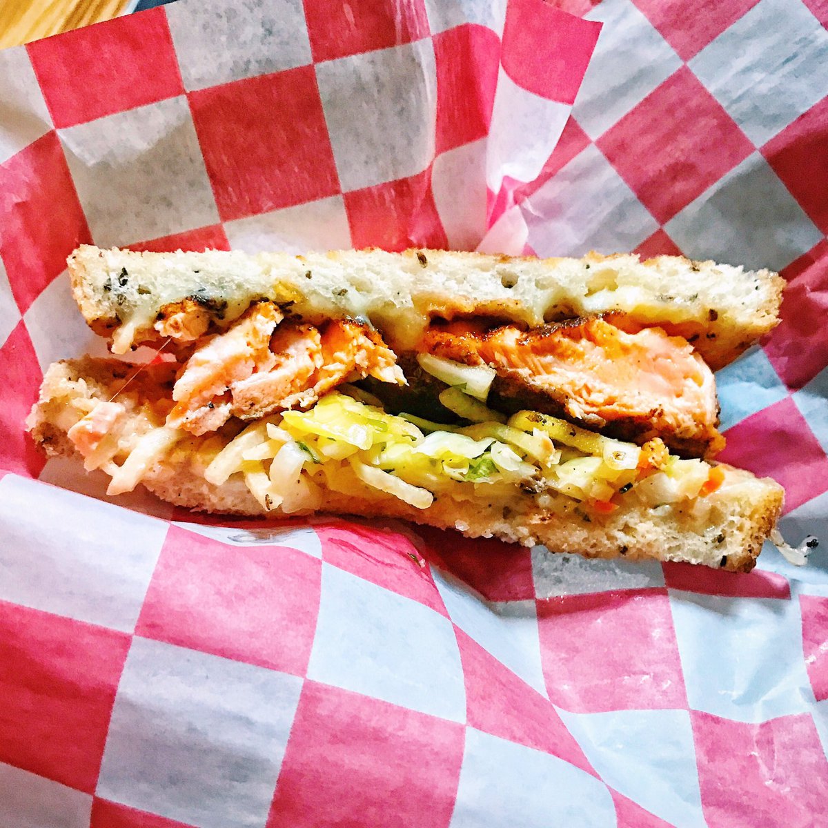 Our Salmon Reuben. Pastrami spiced salmon, thick rye, continental sauce, swiss cheese, jicama apple slaw ❗️💥 #rva #rvadine