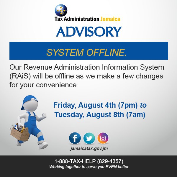 JamaicaTax's tweet image. #SystemOffline . Pardon us as we upgrade to serve you better. @onthegroundjm @JamaicaGleaner @JamaicaObserver @rjrnews @Icajchartered