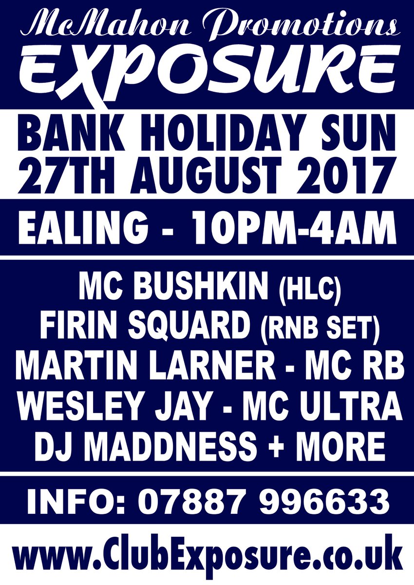 Exposure £10 Payback!
B/H Sunday 27th August @ Karma Ealing 
£10 Tickets  (No Booking Fee)
🔻🔻🔻🔻🔻🔻🔻🔻
skiddle.com/whats-on/Londo… #UKGarage #UKG