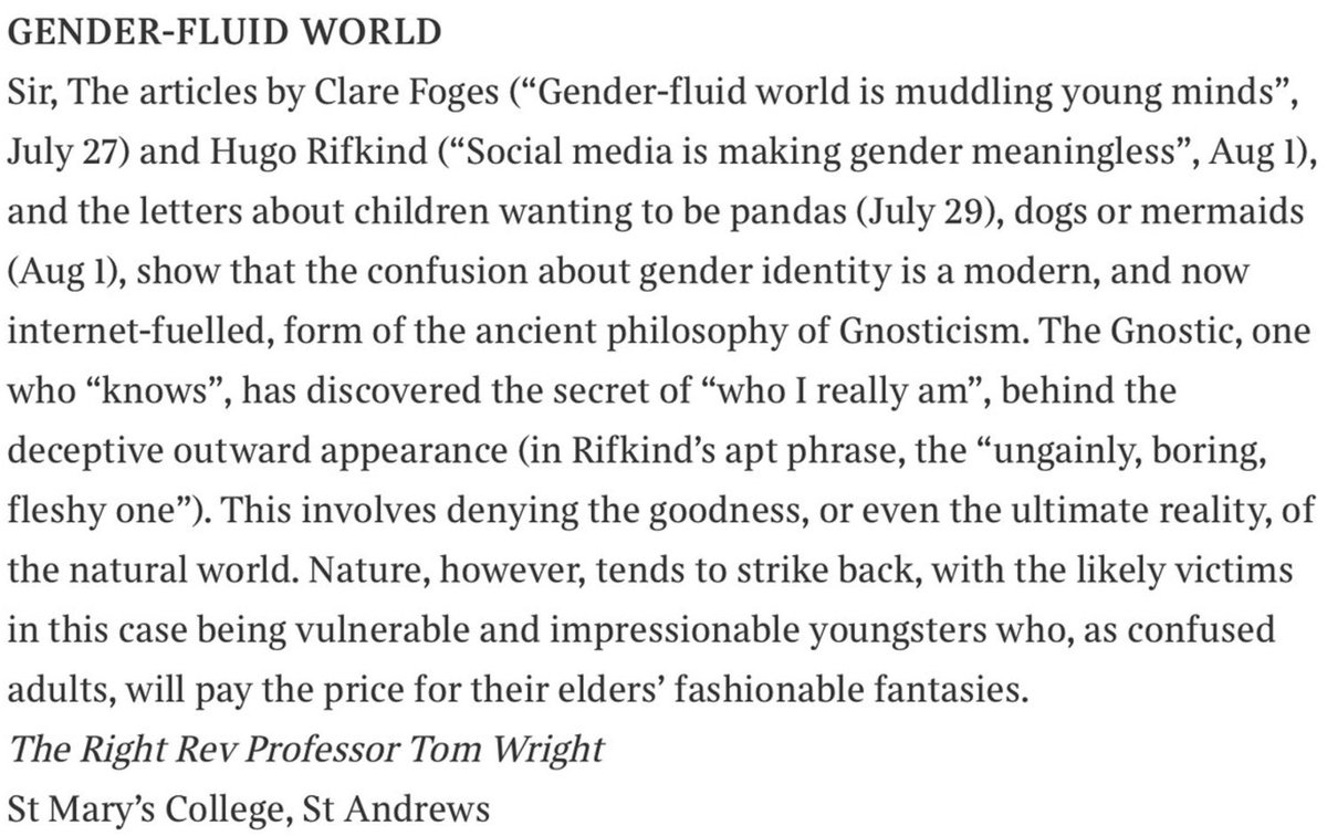 between2worlds's tweet image. NT Wright's letter to The Times' editor on gender-identity confusion as an internet-fueled form of Gnosticism: