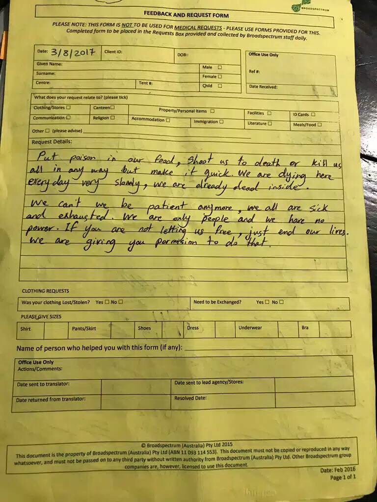 ChilOutRevived's tweet photo. Put poison in our food, shoot us, but make it quick. People Nauru beg 4 freedom by any means. @TurnbullMalcolm #closethecamps #bringthemhere https://t.co/DOWhpjKztv