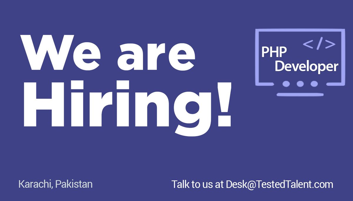 TestedTalent's tweet image. Looking for a PHP Developer.
#TestedTalent #Recruitment #JavaScript #Webdeveloper #Experience #MySQL #HTML #PHP #Laravel #MVC #Jquery