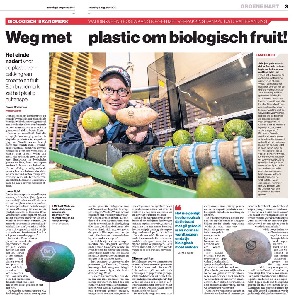 lapperre's tweet image. Groenten en fruit brandmerken om plastic afval te voorkomen. Een Nederlandse uitvinding die veel weerklank vindt: ad.nl/gouda/is-het-e…