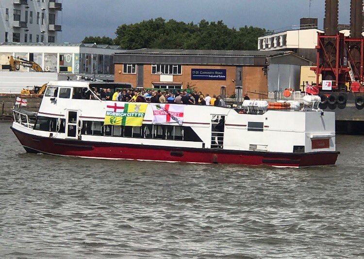 Norwich fans on there way to Fulham on a boat on the Thames. 

#NCFC #FFC
