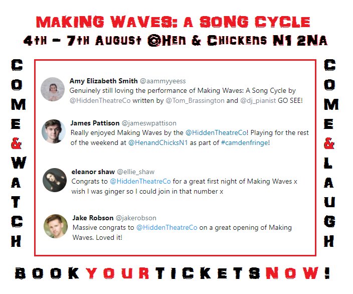 HiddenTheatreCo's tweet image. Here's what the twittersphere had to say about show no#1 so come shelter from the rain tonight with #MakingWaves at 19.30 @TheHenChickens 🌊🎭