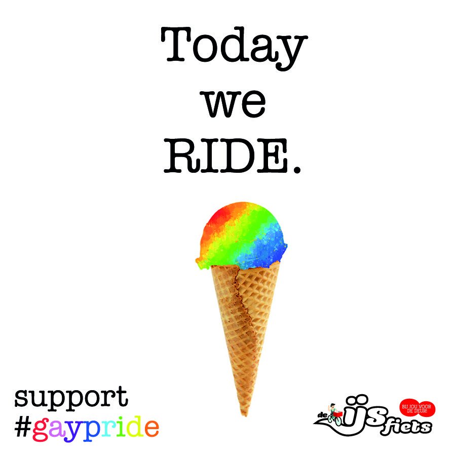 #GayPride2017, wij zijn erbij! Jij toch ook? Speciaal voor vandaag nemen we twee nieuwe limited edition ijssmaken mee. Tot straks! 🌈🤘🦄🍦🚲😎