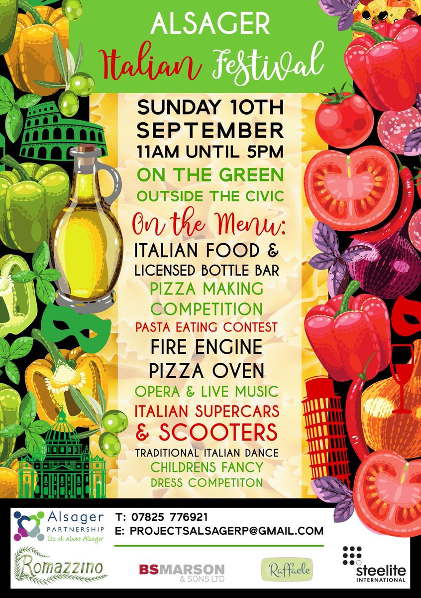 Alsager Italian Festival 10th September on the Green located outside the Alsager Civic on Lawton Road, ST7 2AE