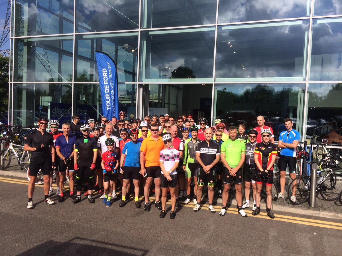 HendyGroup's tweet photo. Quick group shot of all the riders taking part in the #TourDeFord #Eastleigh today. Let the ride out begin! #TeamSky @forduk #cycling https://t.co/FEnJZloZBc