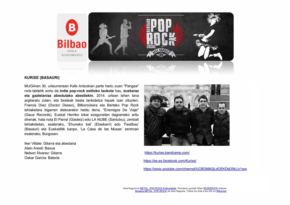 MetalPopRockAN's tweet photo. 🗓️ Abuztua, 1⃣9⃣ Agos
⏰ 21h
🎤 #Kurixe
🏟 @Bilborockbilbao - #Bilbao
🎟 Dohan
#astenagusia2017 @bilbao_jaiak
#indierock https://t.co/lDJXl8YrV3 https://t.co/t0ITg4M0QO