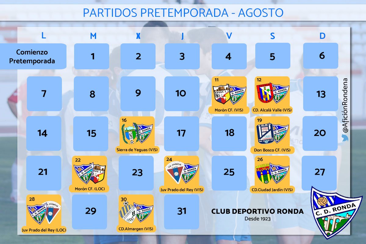 AficionRondena's tweet photo. 🗓️Calendario partidos de pretemporada del @CDRondaOficial . A falta de saber fecha y rival para el Trofeo Ciudad del Tajo. ¡Vamos Ronda! 💪 https://t.co/V4cPWQwhdz