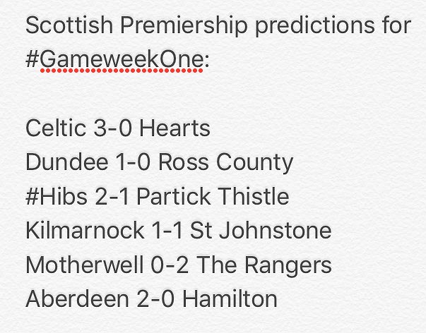 HibsNews1875's tweet photo. Scottish Premiership predictions for #GameweekOne...
What's yours? #GGTTH https://t.co/ZiAwtKraRL