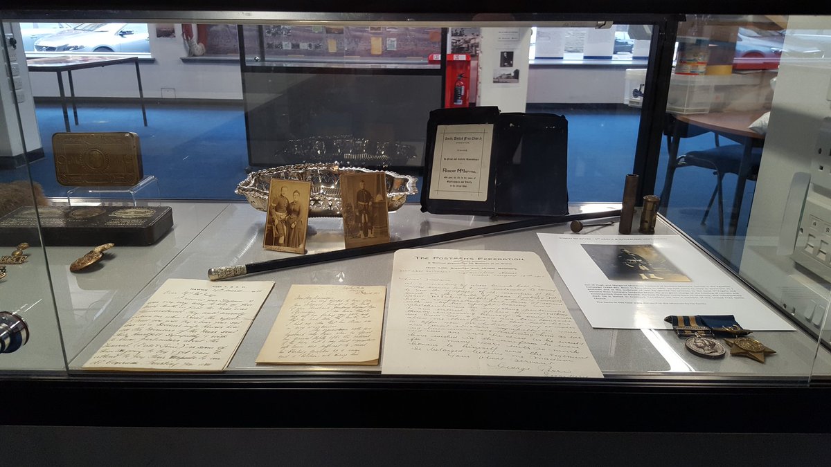 InverclydeWW1's tweet photo. Mr McIntyre's swagger stick and other #ww1 material at Inverclyde Heritage Hub #IHH #5argylls https://t.co/CWatW1B8n1