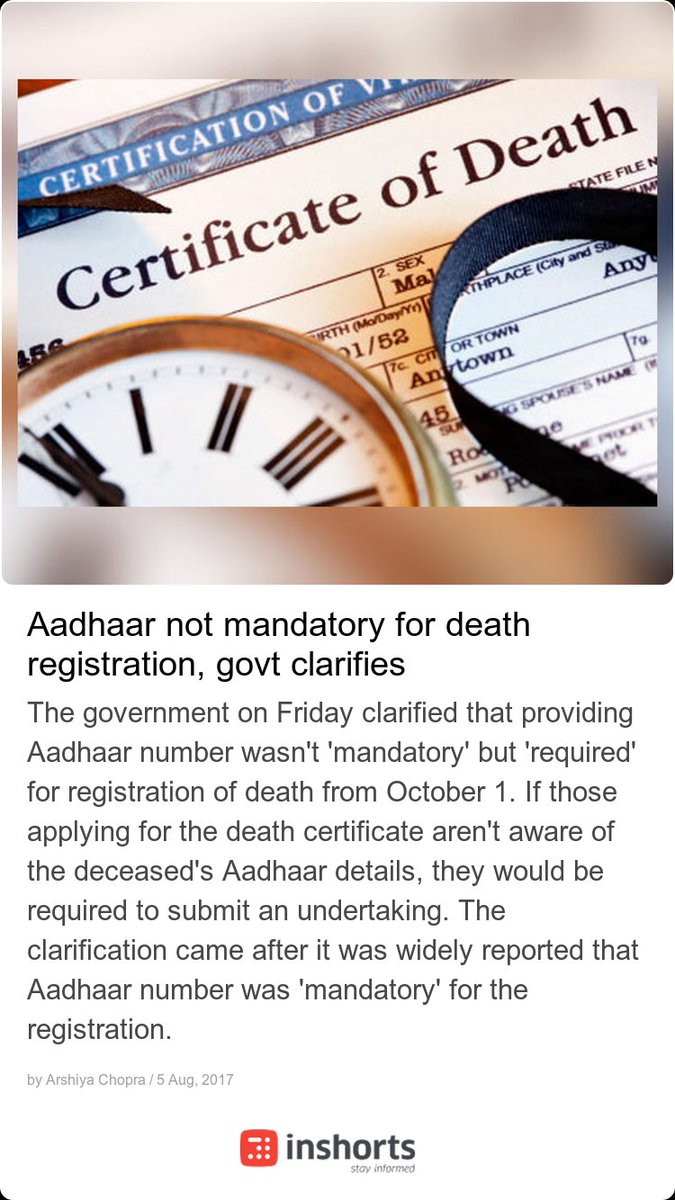 inshorts's tweet photo. #Aadhaar not mandatory for #deathregisteration, govt clarifies. #StayInformed #National https://t.co/nbPyVQJ7ui