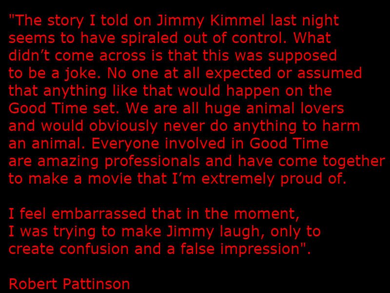 Pattinsons_Army's tweet photo. Robert Pattinson releases a statement about the dog pleasuring fiasco from Jimmy Kimmel Live https://t.co/p0H421I8xZ #OMG #OnlyRob https://t.co/sDfcAbBblE