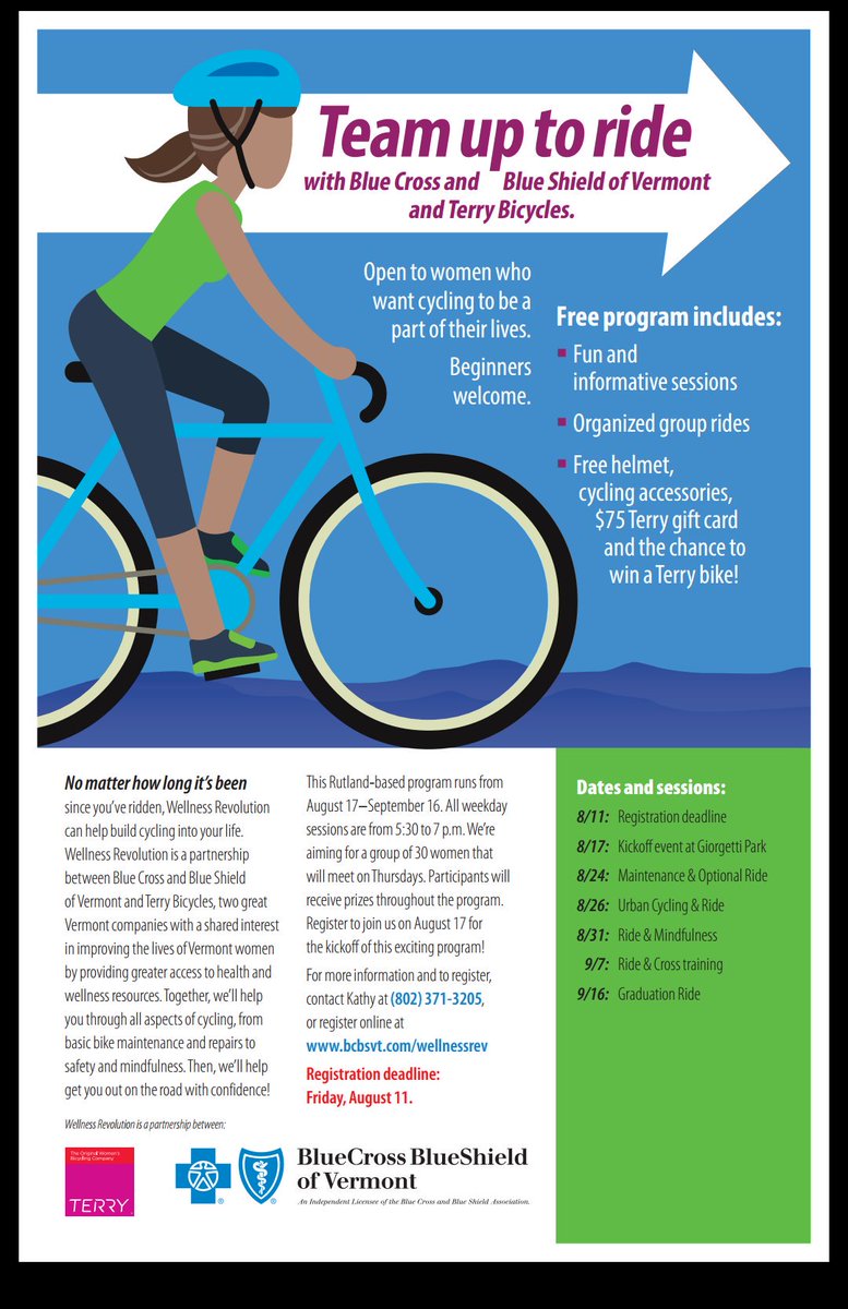 Hello Ladies of Central #VT!! 
Want Cycling to be a part of your life? Sign up by 8/11 &amp; join the ride!  bcbsvt.com/wellnessrev