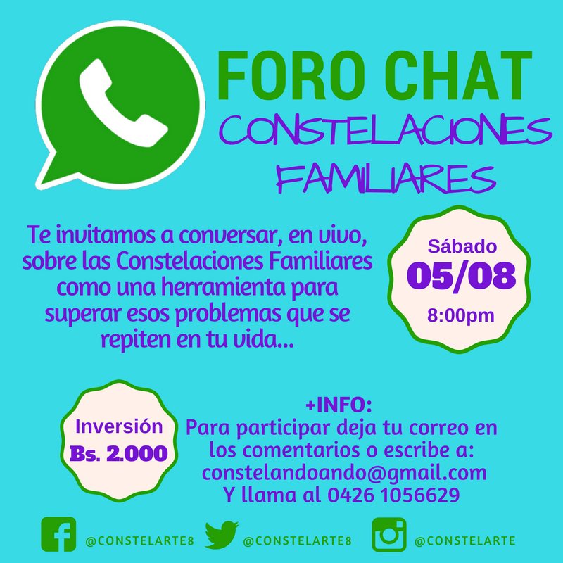 ConstelArte8's tweet photo. #HOY es nuestro FORO CHAT, aún estás a tiempo de inscribirte! Te esperamos a las 8:00pm para hablar sobre Constelaciones Familiares! https://t.co/VujB18fE5i