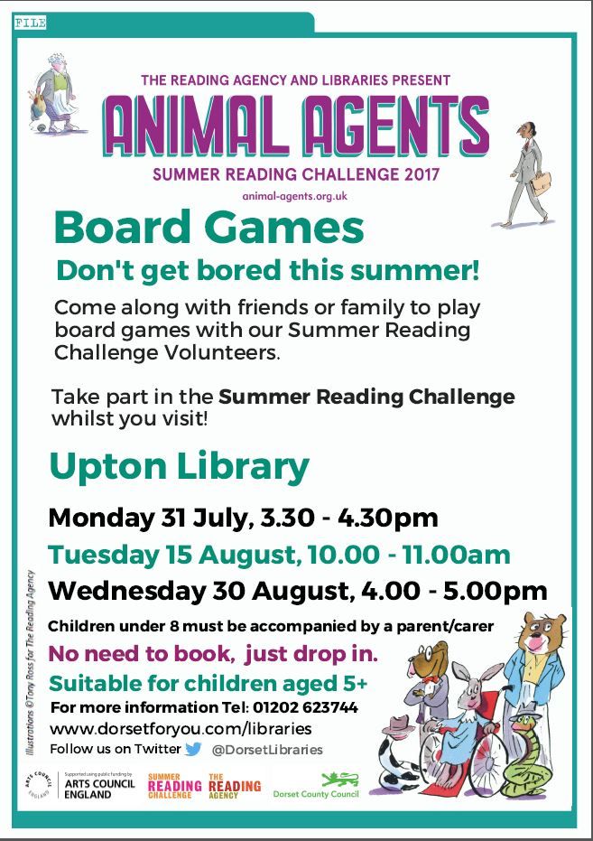 DorsetLibraries's tweet photo. Don't get bored this summer! Come to #UptonLibrary to play board games with friends and our teenage volunteers https://t.co/COg9lA6tbO