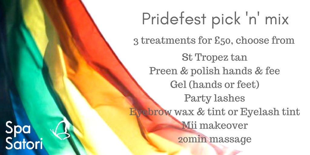 Stay_Satori's tweet photo. Pridefest for august - three treatments for just £50. You'll have to be going along to #manchesterpride2017 though... #showmethetickets https://t.co/MrvmLKGkU4