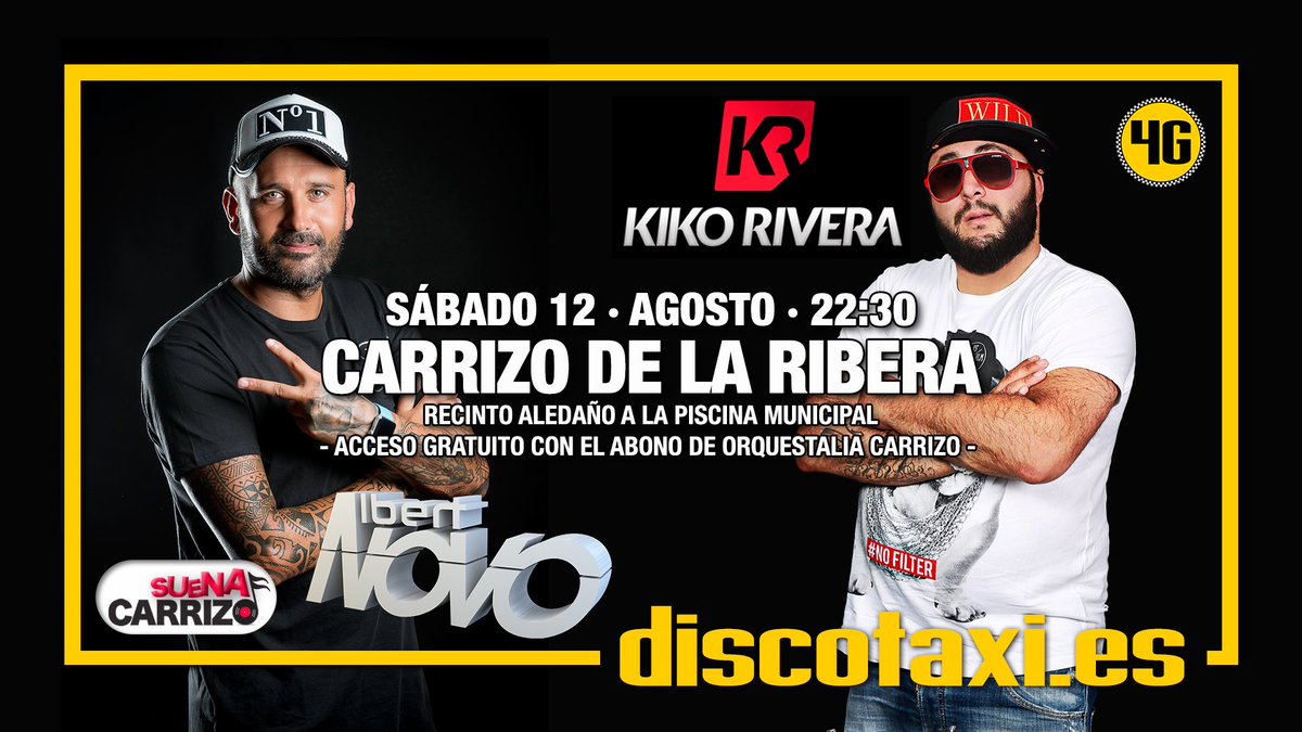 El sábado estarán en #Carrizo <a href="/riverakiko/">j</a> &amp; <a href="/Albert_Novo/">Albert Novo(oficial)</a> poniendo temazos en @discotaxi4G desde las 22:30h.
Fiestón garantizado, vente!!!! 🔝