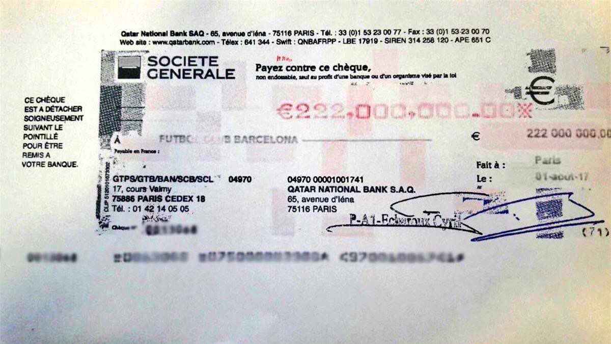 DeadlineDayLive's tweet photo. The official €222m cheque of Neymar's transfer to PSG - Paris Saint-Germain. (Source: Diario Sport) https://t.co/o6qzWqP8Bm